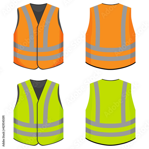 A set of protective vests in orange and yellow.Vests front and back view isolated on white background.Flat vector illustration.