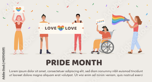 Multi Ethnic People holding LGTB placard with rainbow and slogan Love is love, megaphone or loudspeaker, sign and other symbol at pride parade celebration. Vector Banner Pride Month. Flat Illustration