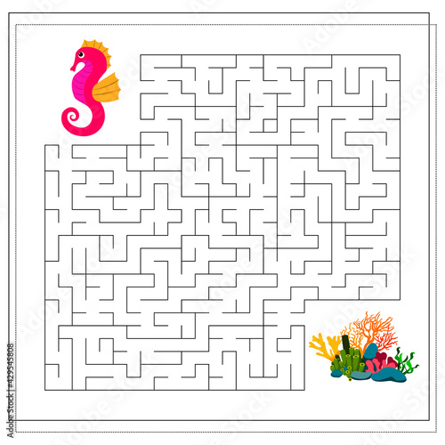 A maze game for kids. Guide the cartoon sea conic through the maze to the corals. Vector