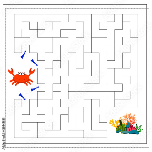 A maze game for kids. Guide the cartoon crab through the maze to the corals. Vector