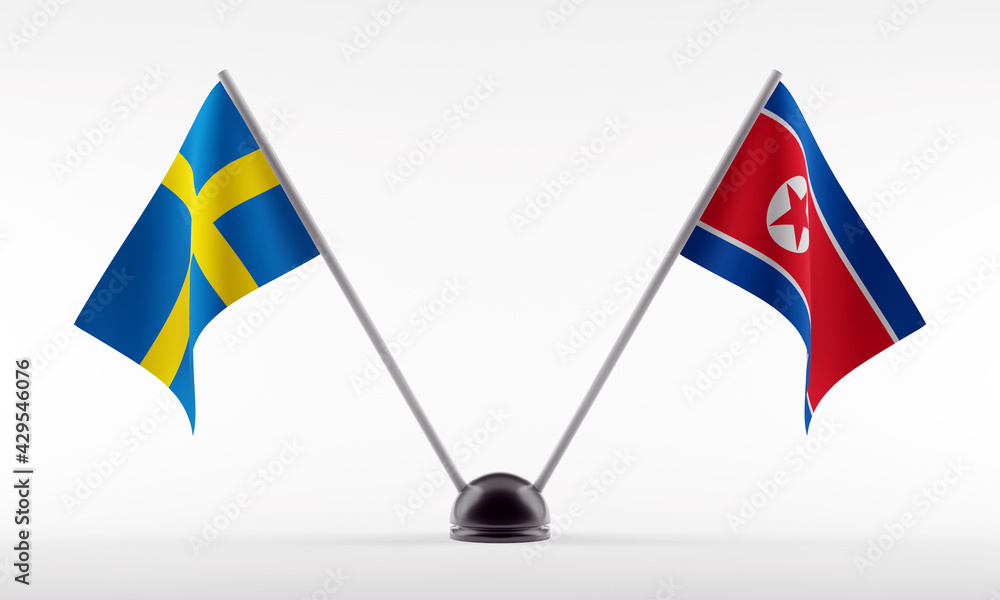 Stand with two national flags. Flags of Sweden and North Korea. Isolated on a white background. 3d rendering Stand with two national flags. Flags of Sweden and North Korea. Isolated on a white background. 3d rendering