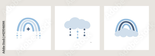Scandinavian boho rainbows and clouds set of cards in pastel blue colors. Celestial clip art decoration for baby boy nursery. Hand drawn vector element for baby shower. Vector flat illustration.