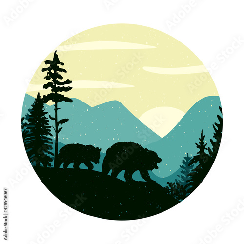 sillut of two bears against the background of mountains and a forest in a circle. forest landscape in a circular frame. vector. eps