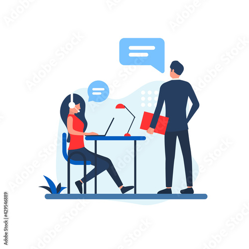 Business people standing and talking in office. Teamwork flat illustration.