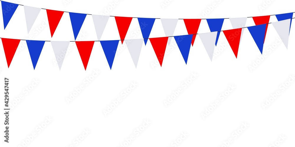 Bannière, guirlande avec fanions aux couleurs de la France sur fond blanc