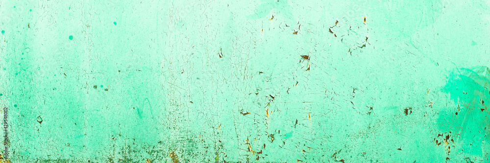 Obraz premium banner. Green tide, blue, celadon old wood texture backgrounds. roughness and cracks.