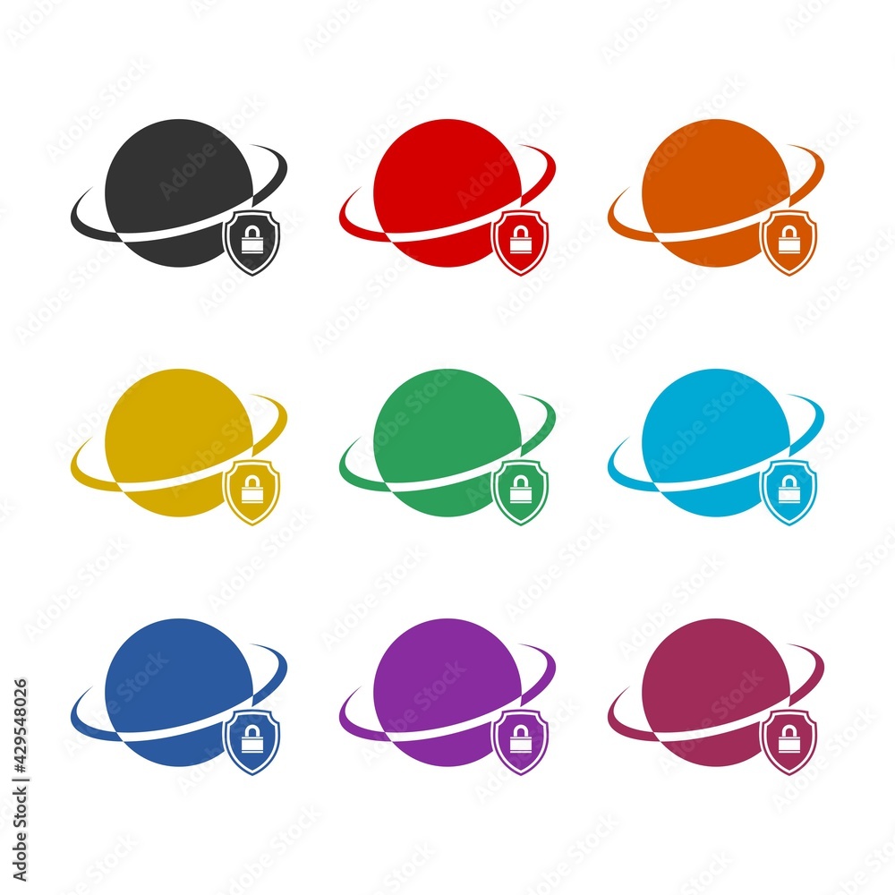 Globe with security icon isolated on white background color set Globe with security icon isolated on white background color set