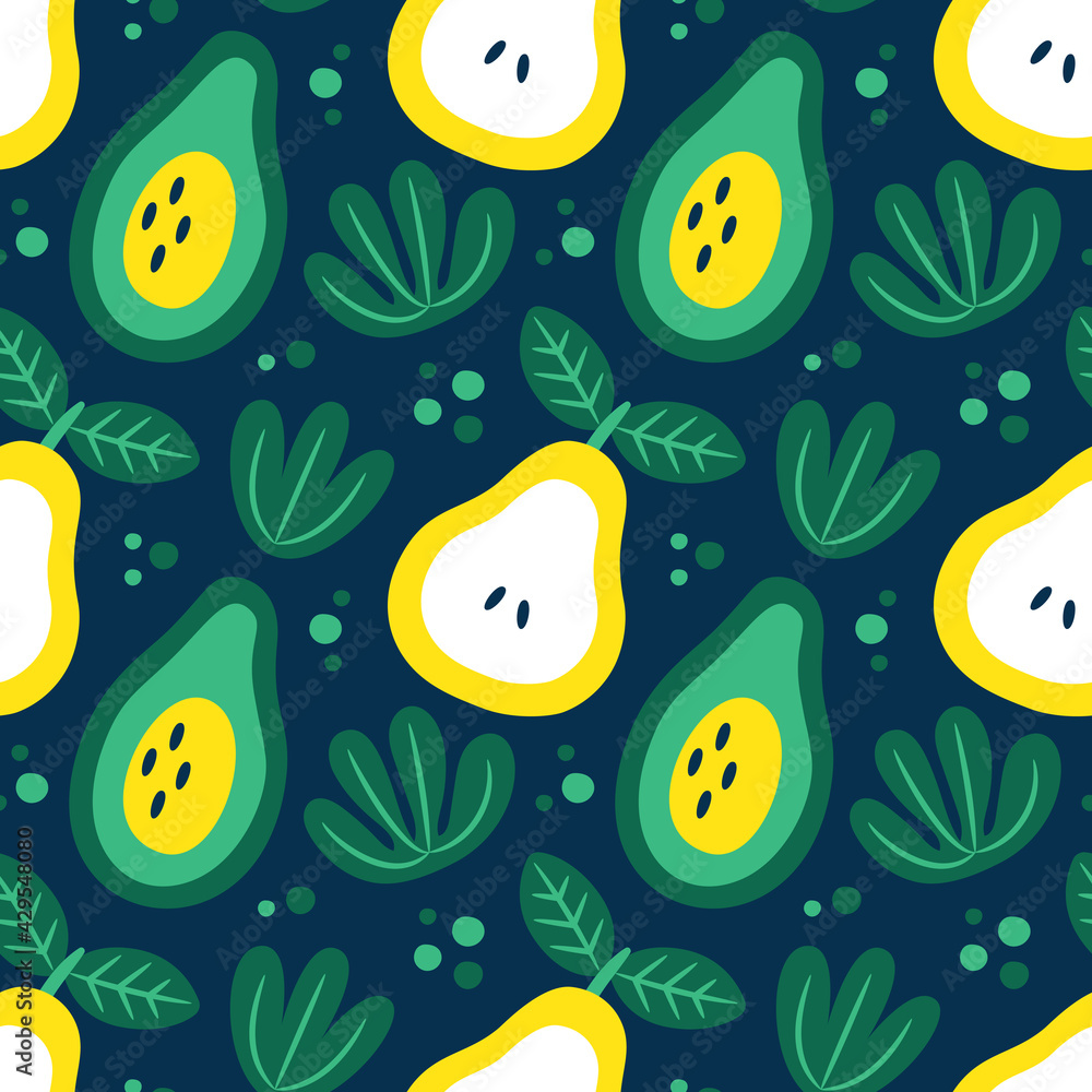Seamless cute vector floral fruit summer pattern with avocado, pear, plants, leaves Seamless cute vector floral fruit summer pattern with avocado, pear, plants, leaves