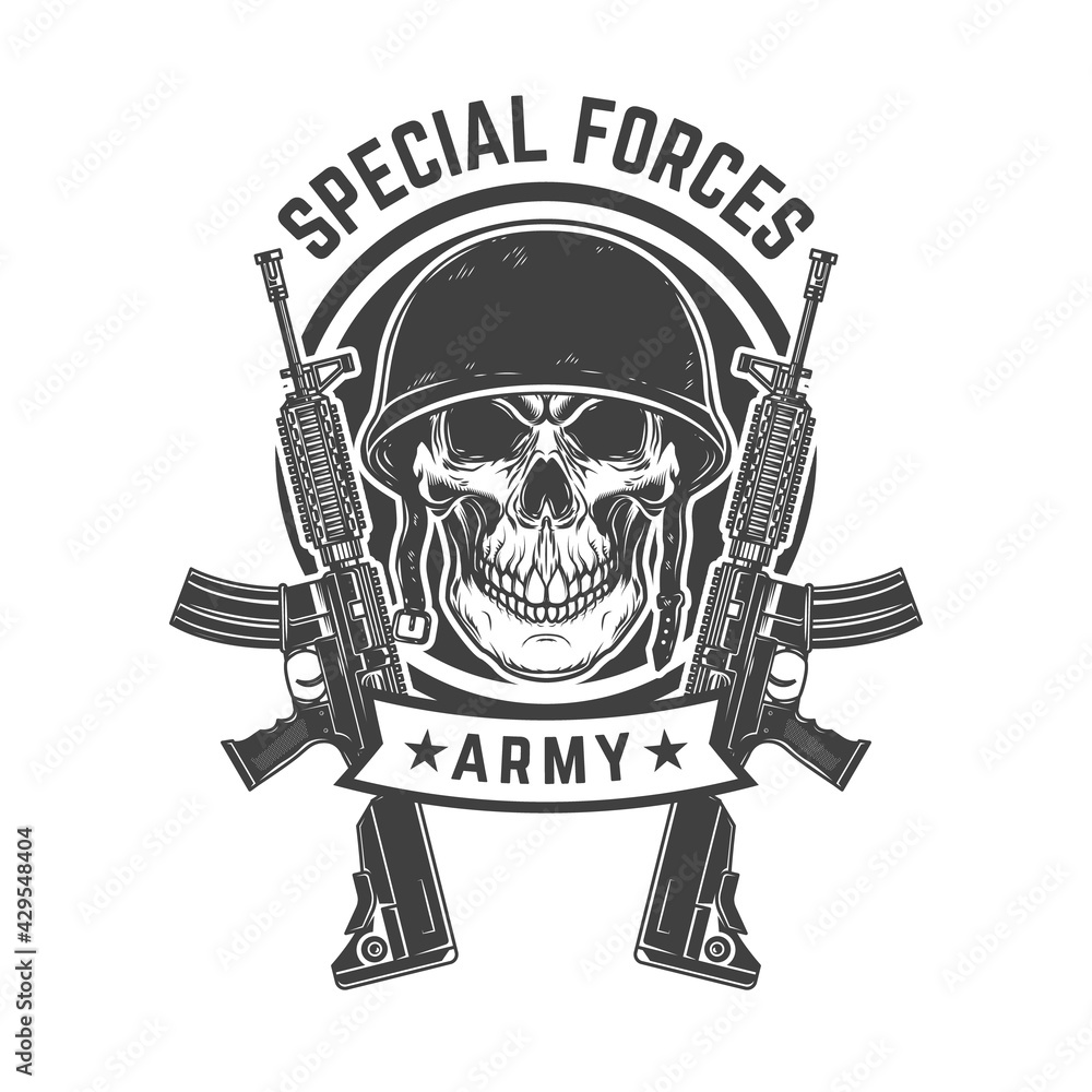 Soldier skull with assault rifles. Design element for logo, label, sign, emblem, poster. Vector illustration Soldier skull with assault rifles. Design element for logo, label, sign, emblem, poster. Vector illustration