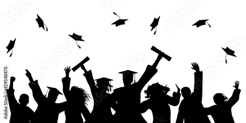 Happy graduate students with graduating caps and diploma or certificates, silhouette of group of people. Graduation event. Vector illustration