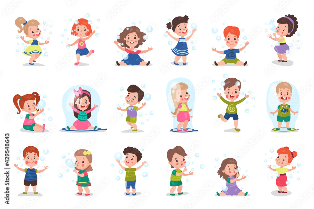 Cheerful Boy and Girl in Huge Soap Bubbles Vector Illustration Set