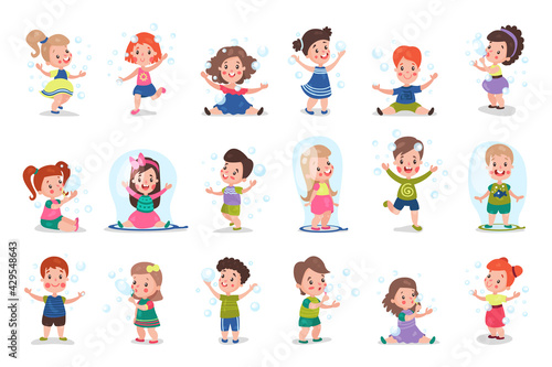 Cheerful Boy and Girl in Huge Soap Bubbles Vector Illustration Set