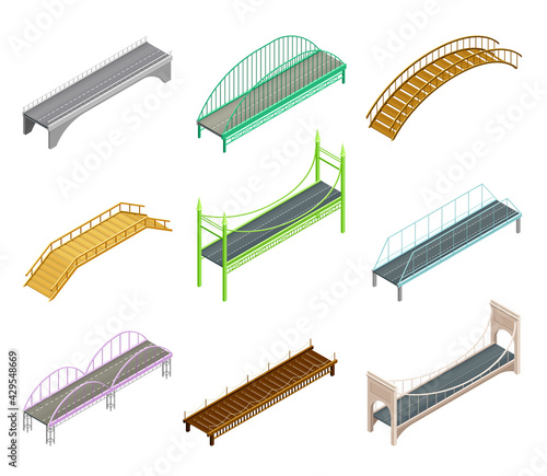 Fixed Bridges Made of Wood or Metal with Beam and Arch Bridge Isometric Vector Set