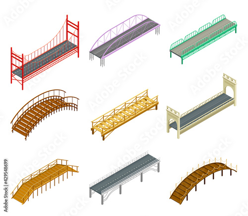 Fixed Bridges Made of Wood or Metal with Beam and Arch Bridge Isometric Vector Set