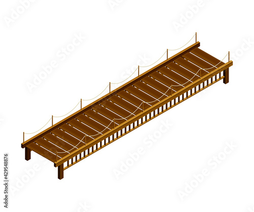 Straight Wooden Bridge with Balustrade Railing Vector Illustration