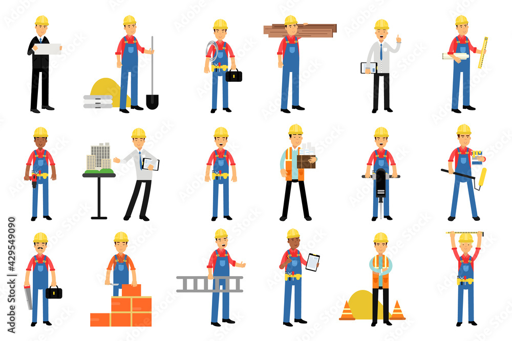 Constructor or Builder in Yellow Hard Hat Holding Shovel and Carrying Construction Material Vector Illustration Set Constructor or Builder in Yellow Hard Hat Holding Shovel and Carrying Construction Material Vector Illustration Set