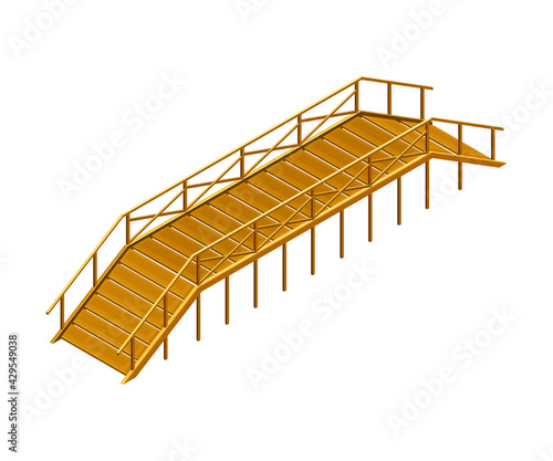 Curved Wooden Bridge with Balustrade Railing Vector Illustration