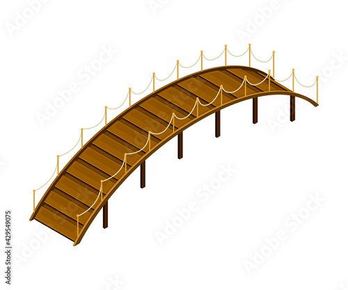 Curved Arch Wooden Bridge with Balustrade Railing Vector Illustration