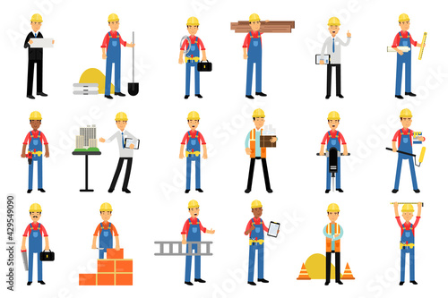 Constructor or Builder in Yellow Hard Hat Holding Shovel and Carrying Construction Material Vector Illustration Set