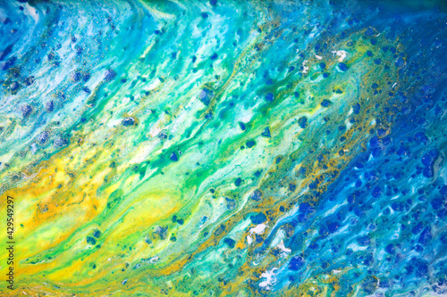 Marble blue and green abstract background in sea summer style. Liquid close up ink pattern.