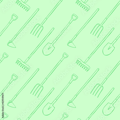 Seamless pattern with garden equipments: shovels, spades, rakes, hoes, pitchforks. Vector backgrounds and textures with tools for working on the farm, in dacha, country site in flat doodle style