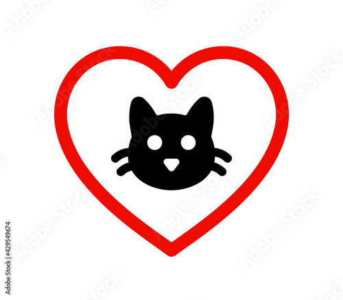 Cat lovers logo. Kitty with heart symbol vector illustration.