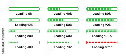 Set of Loading, uploading, downloading status bar icons illustration.