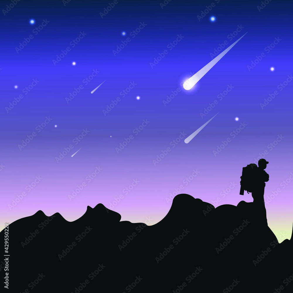 Fototapeta premium the illustration shows a tourist walking in the mountains. night falls, comets fall, and stars shine