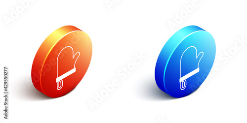 Isometric Oven glove icon isolated on white background. Kitchen potholder sign. Cooking glove. Orange and blue circle button. Vector