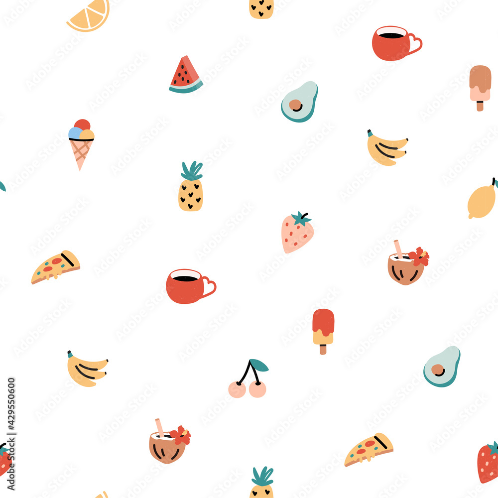 Seamless pattern with food - fruits, pizza, ice-cream, coffee. Repeat design with trendy summer icons. Flat vector illustration