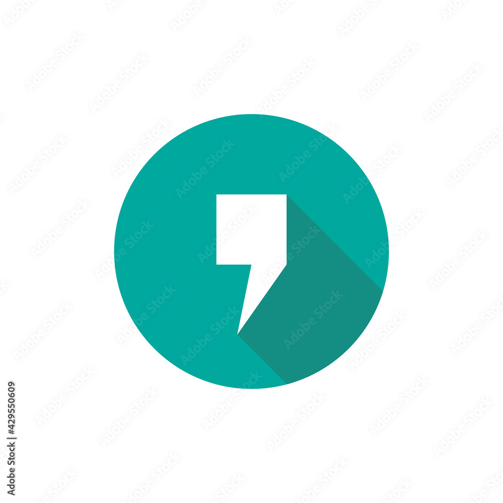 comma mark in blue circle with shadow isolated on white. Flat reading icon. comma mark in blue circle with shadow isolated on white. Flat reading icon.