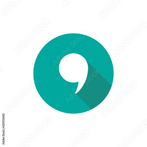 comma mark in blue circle with shadow isolated on white. Flat reading icon.