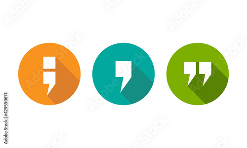 white semicolon, comma and qoutation mark icons set isolated on white.