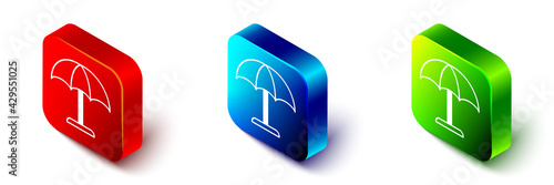Isometric Sun protective umbrella for beach icon isolated on white background. Large parasol for outdoor space. Beach umbrella. Red, blue and green square button. Vector