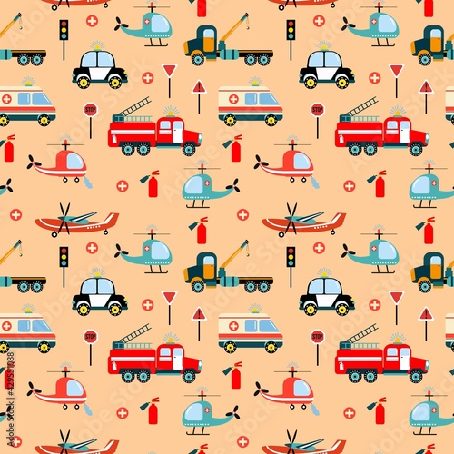 Cars are rescuers. Seamless pattern with rescue equipment. Design of fabrics, textiles, wallpaper, packaging, decoration of a children's room.	