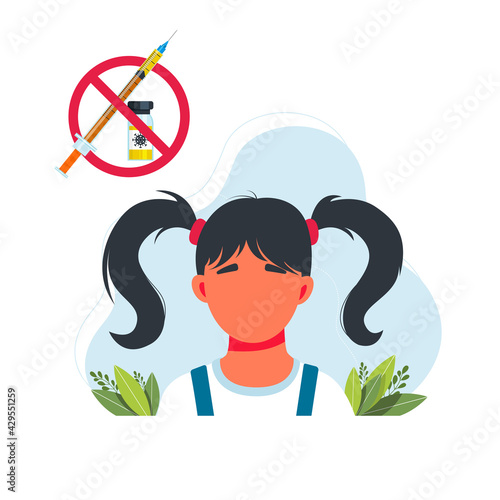 no vaccine for children. children are afraid of the vaccine. Vaccines and immunization concept. Cartoon vector banner of a syringe and frightened small girl.