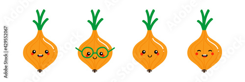 Set, collection of cute smiling cartoon style onion, onion bulb vegetable characters for food and cooking design.