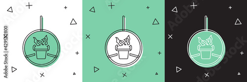 Set Plant in hanging pot icon isolated on white and green, black background. Decorative macrame handmade hangers for flower pot, hang indoor plants. Vector