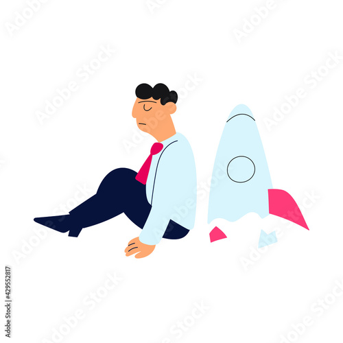 Businessman and failed launch of rocket. Business concept. Vector illustration on white background.