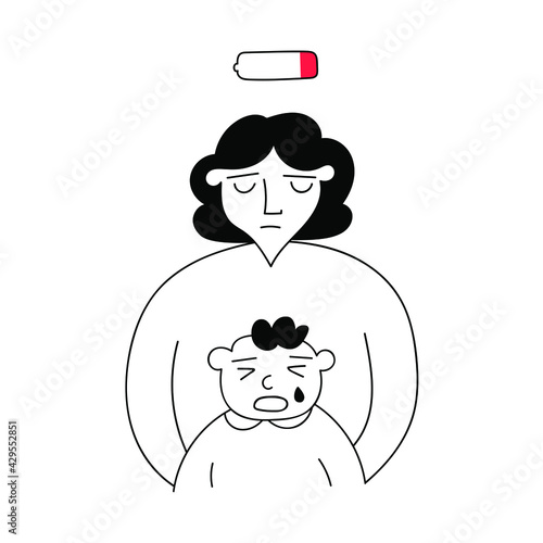 Stressed and tired mother with crying baby. Outline illustration on white background.