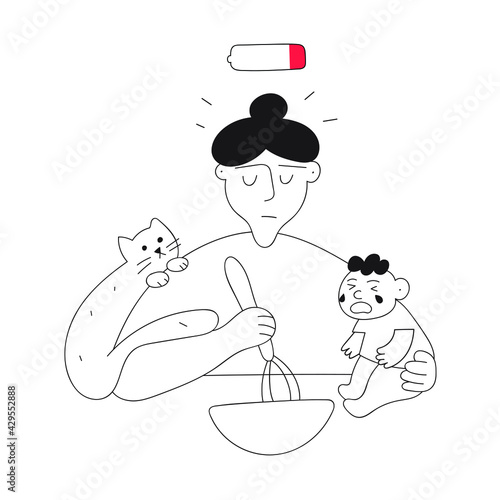 Tired mother cooking and holding baby. Outline illustration on white background.