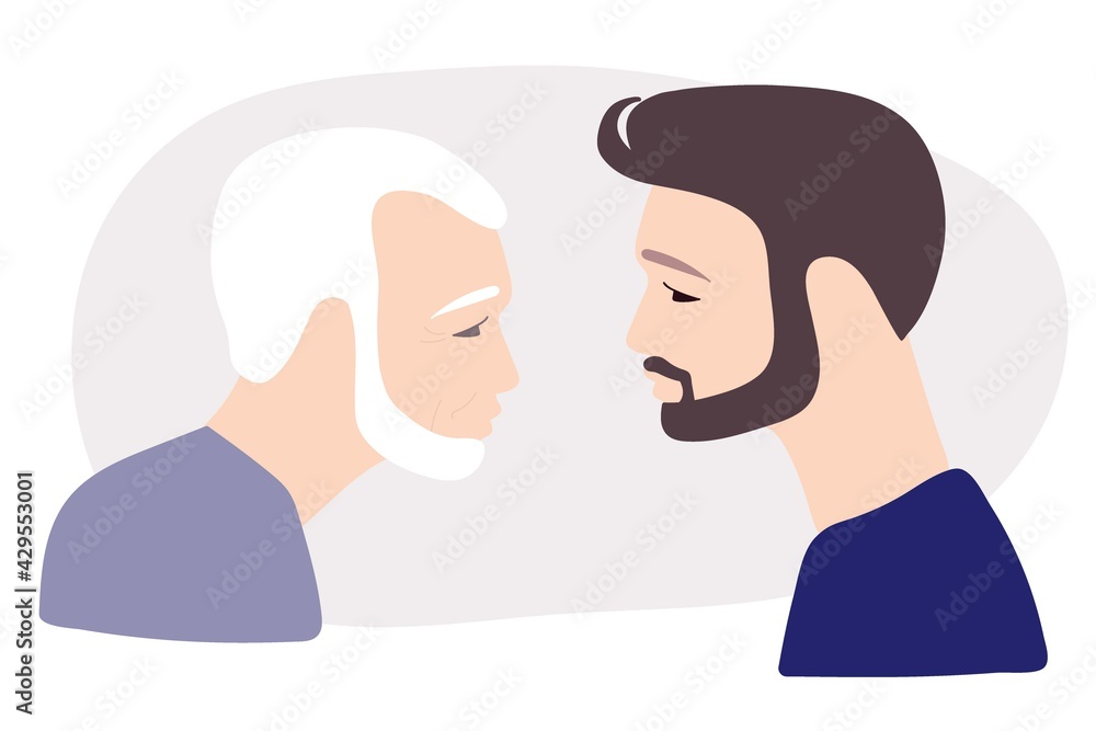Elderly man with gray hair and wrinkles and his adult son. Flat vector illuctration. Caucasian Portraits in profile. Family, generation and people concept. Young guy and his old father. Two men