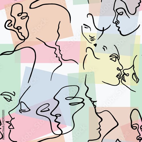 Abstract drawing of female and male faces with black lines on a colored background.Seamless pattern.