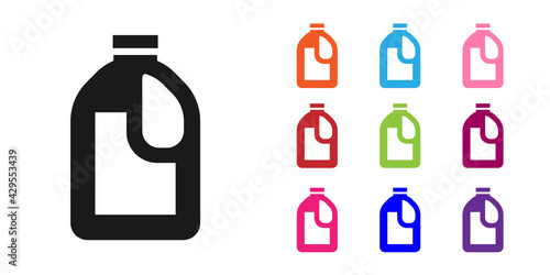 Black Plastic bottle for laundry detergent, bleach, dishwashing liquid or another cleaning agent icon isolated on white background. Set icons colorful. Vector