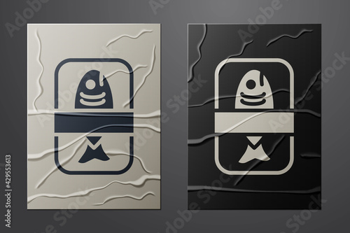 White Fish plastic tray container with cellophane cover icon isolated on crumpled paper background. Paper art style. Vector