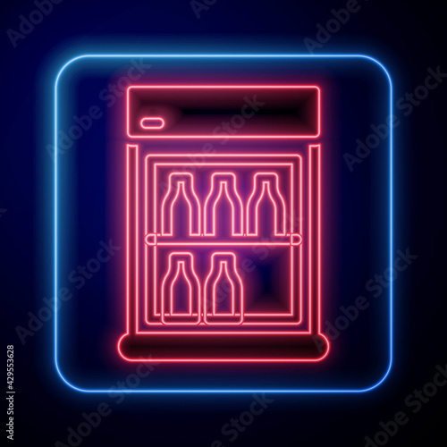 Glowing neon Commercial refrigerator to store drinks icon isolated on black background. Perishables for store or supermarket. Vector