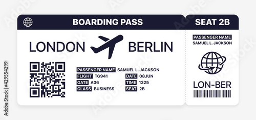 Realistic airline ticket. Isolated flight boarding pass  on white background. Modern plane ticket with city, passenger, gate, flight, class, seat. Travel concept, flat vector illustration. photo