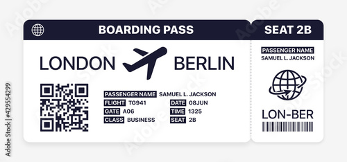 Realistic airline ticket. Isolated flight boarding pass  on white background. Modern plane ticket with city, passenger, gate, flight, class, seat. Travel concept, flat vector illustration.