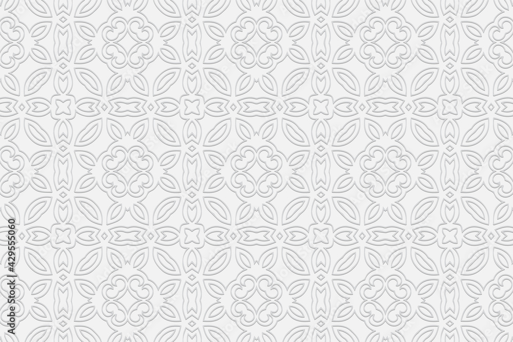 3d volumetric convex geometric white background. Ethnic embossed abstract ornament based on traditional Islamic pattern Design for presentations, websites, textiles, stained glass, coloring. 