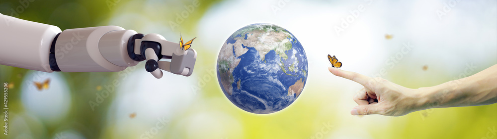 Planet Earth globe ball , Robot Hand and human hand, flying yellow butterfly on green sunny background. Saving environment, save clean planet, ecology concept. 3D Illustration.